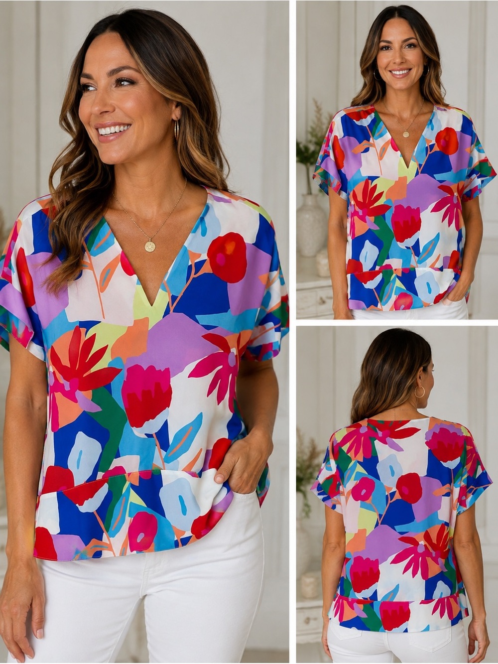 Crosby by Mollie Birch Colorful Floral Artwear Short Sleeve V Neck Blouse XS